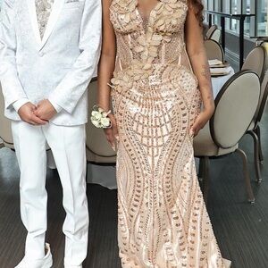 Elegant Beige Embellished Evening Gown
